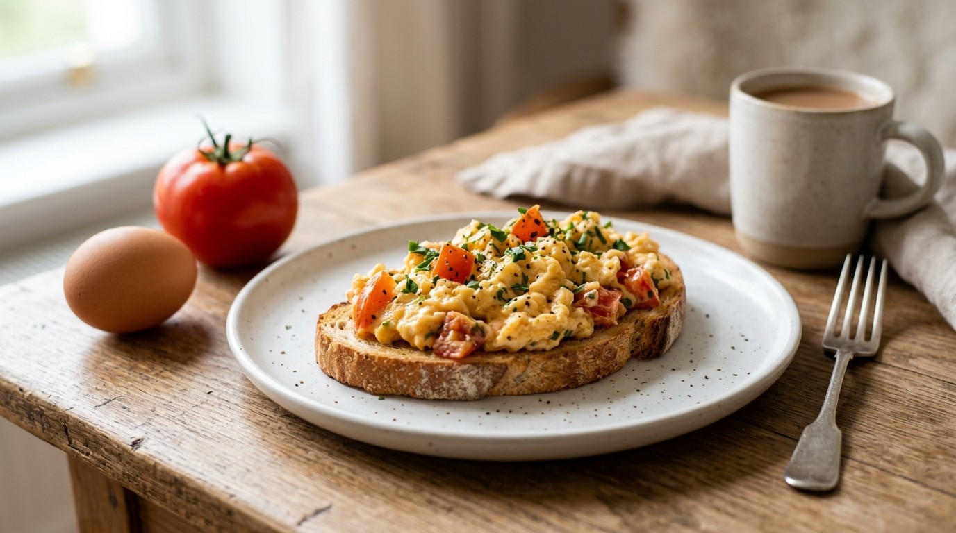 Roerei met Brood en Tomaat