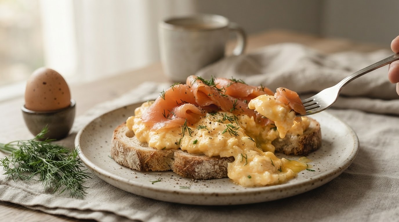 Roerei met gerookte zalm op de slanke toer