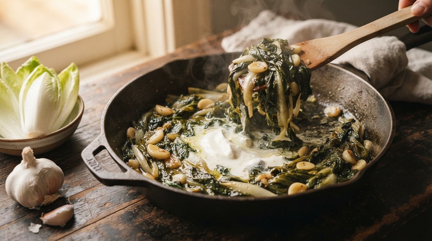 Roergebakken andijvie met knoflook