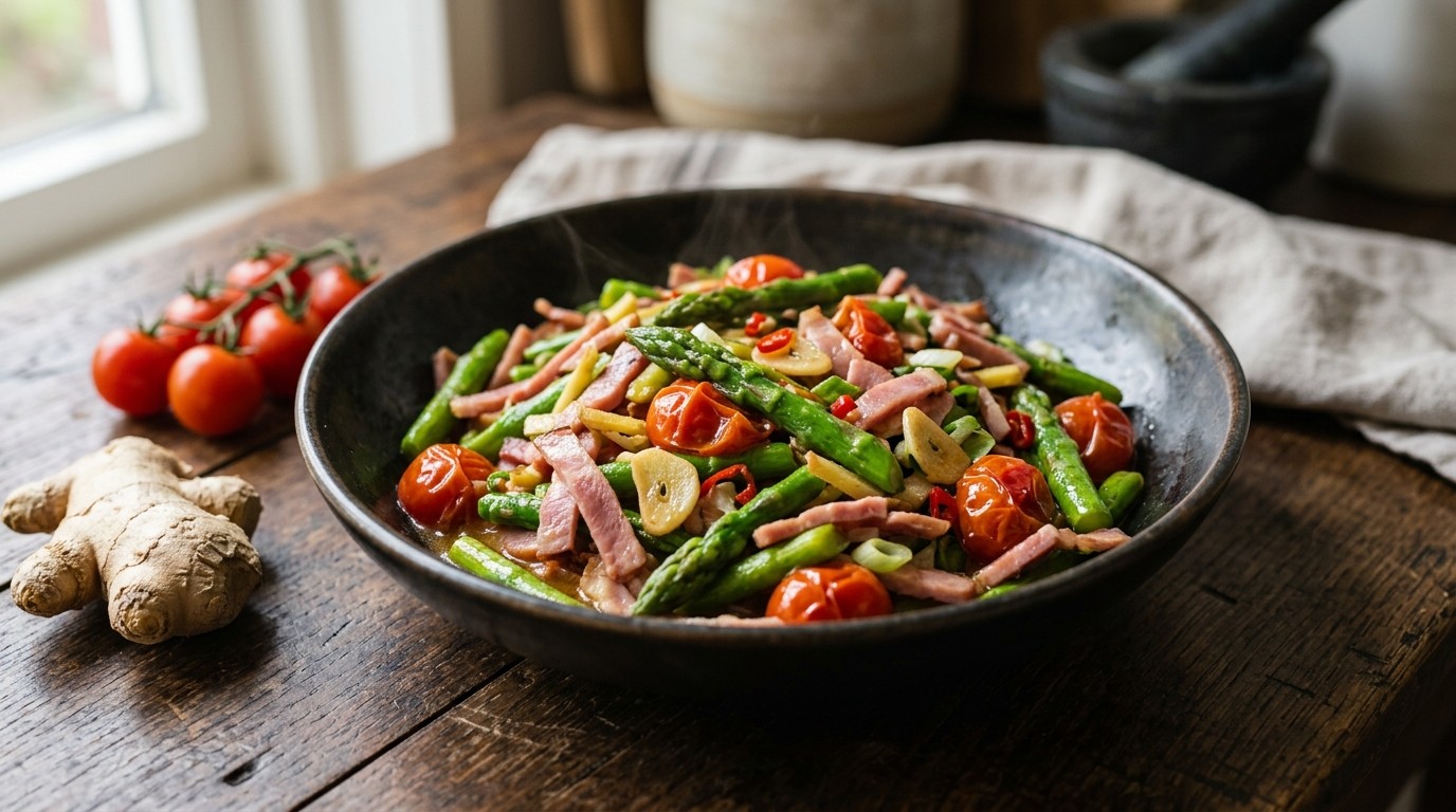 Roergebakken asperges met ham