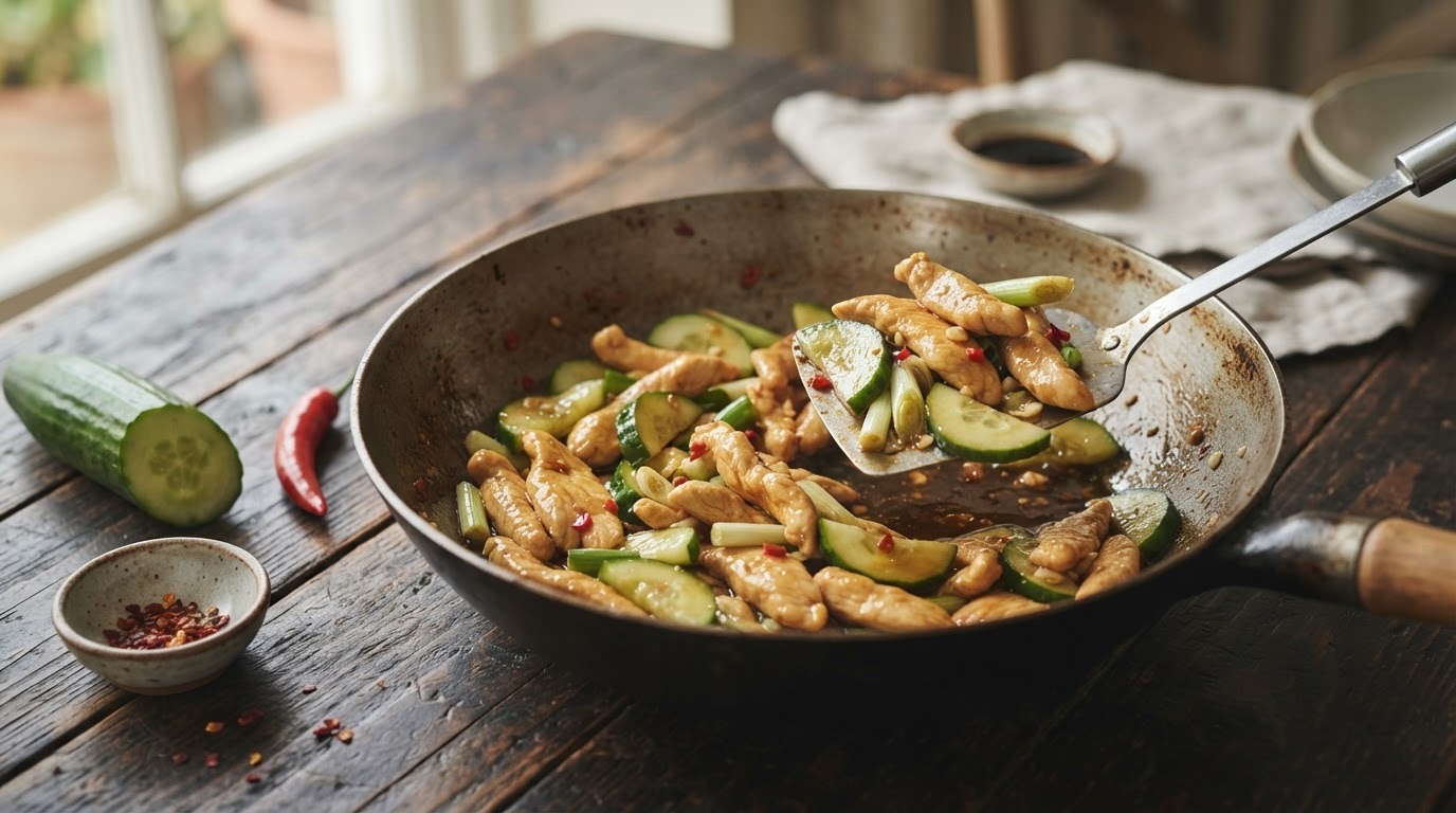 Roergebakken kipfilet met komkommer uit de wok
