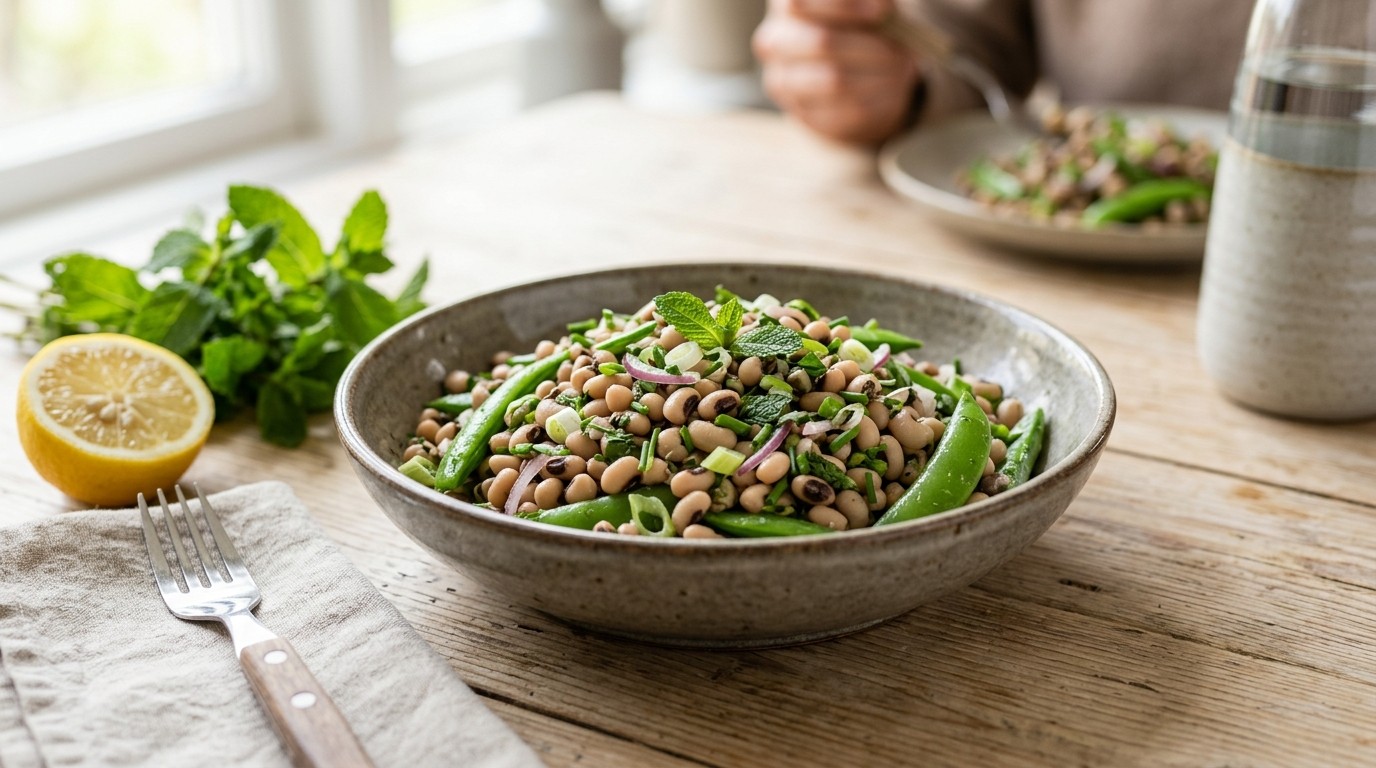 Roergebakken oogbonen en sugar snaps