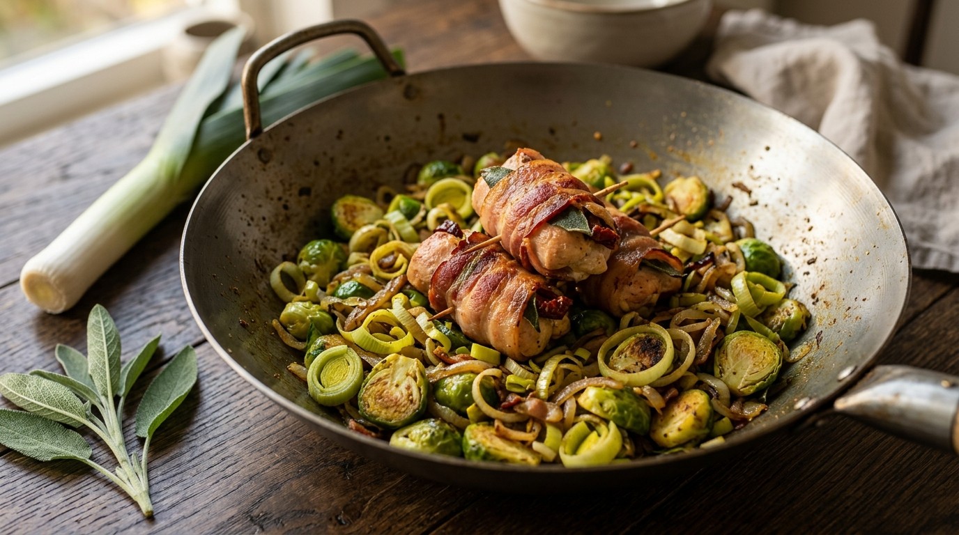 Roergebakken Prei en Spruitjes met Kip-baconrolletjes