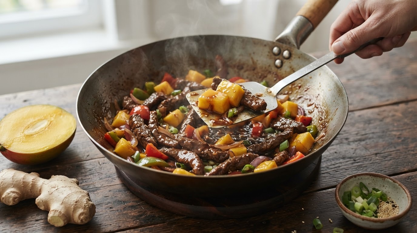 Roergebakken rundvlees met mango