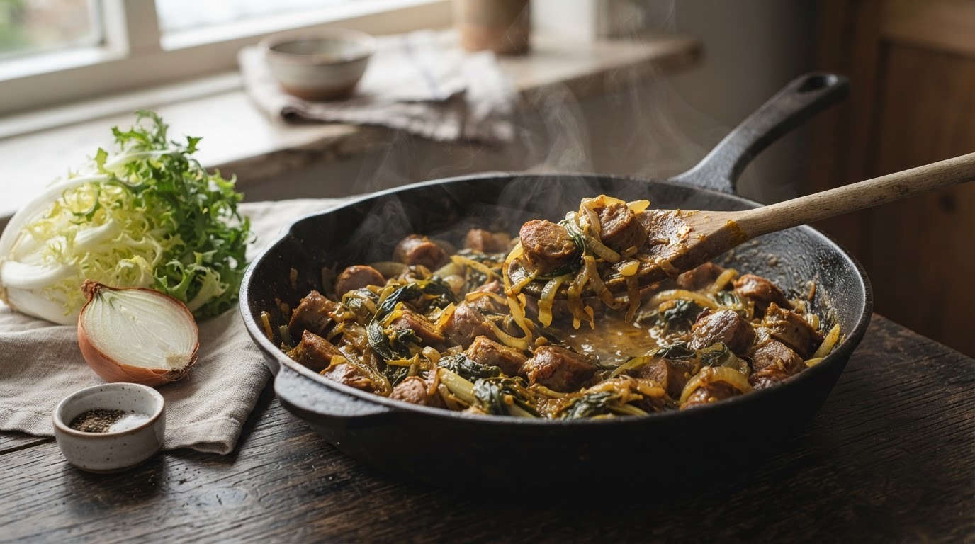 Roergebakken saucijs met andijvie