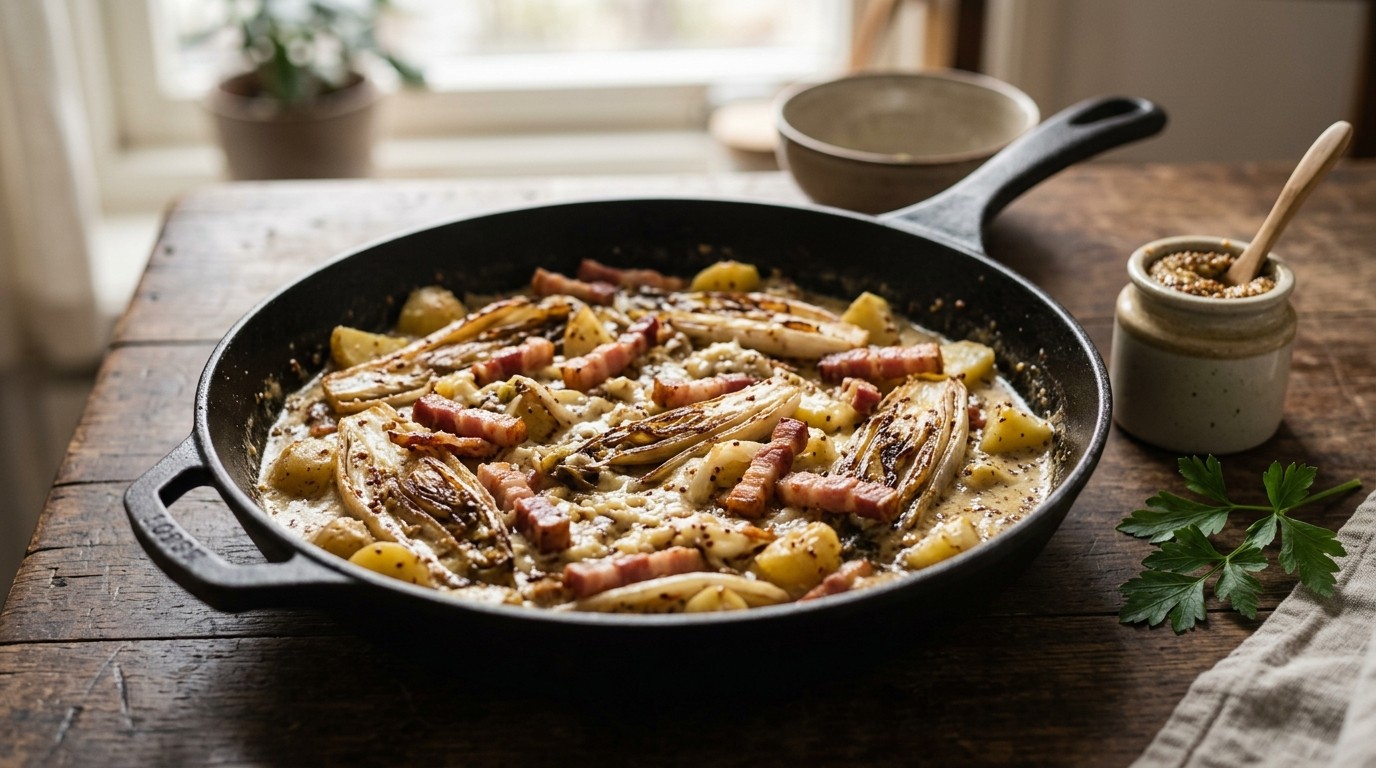 Roergebakken witlof met bacon en mosterdsaus