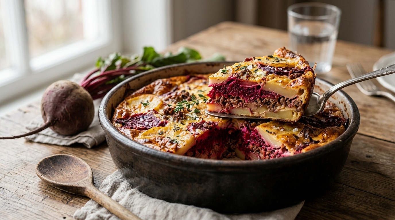 Romige aardappel-bietenschotel met rundergehakt
