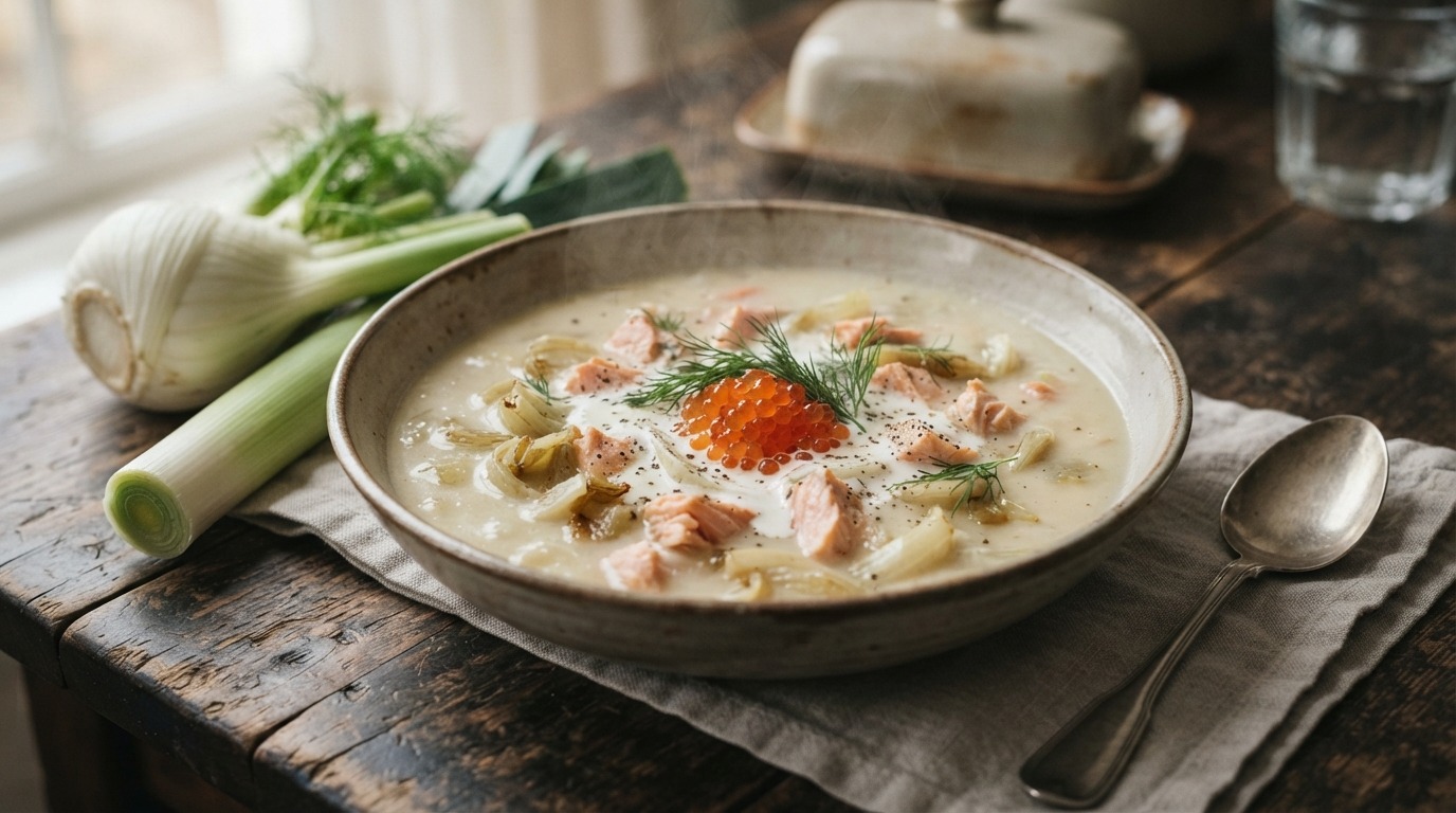 Romige aardappelsoep met zalm en zalmeitjes