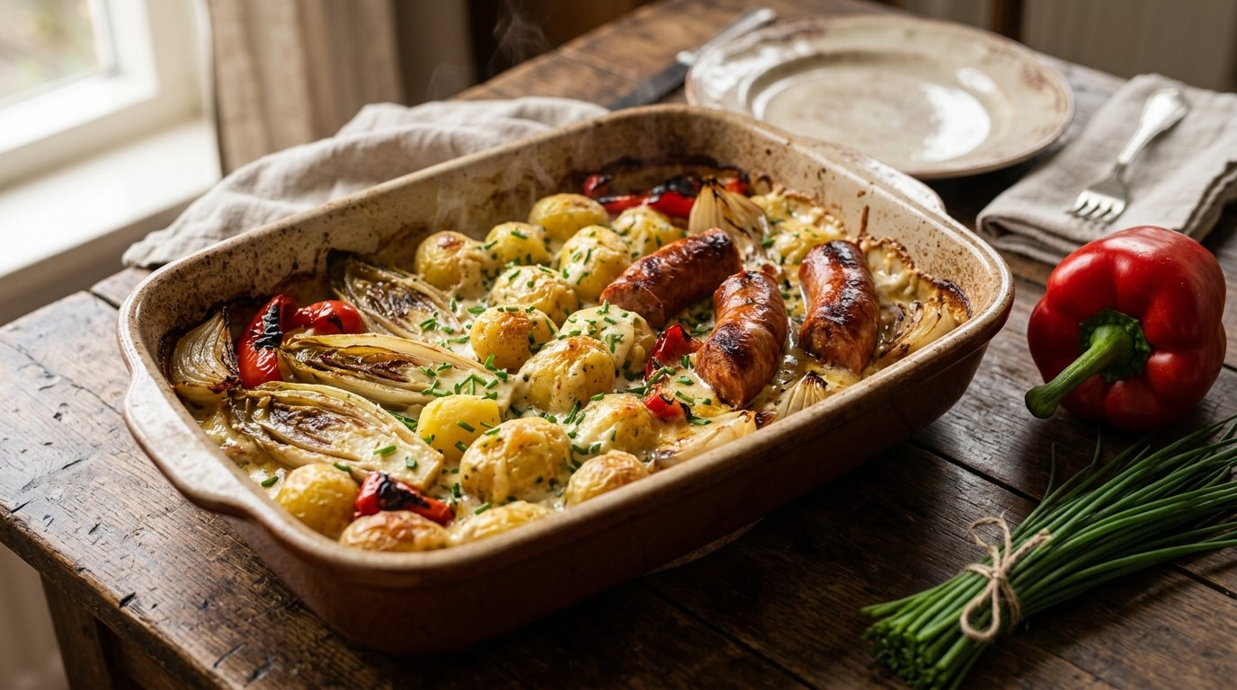 Romige Aardappeltjes met Witlof en Worstjes
