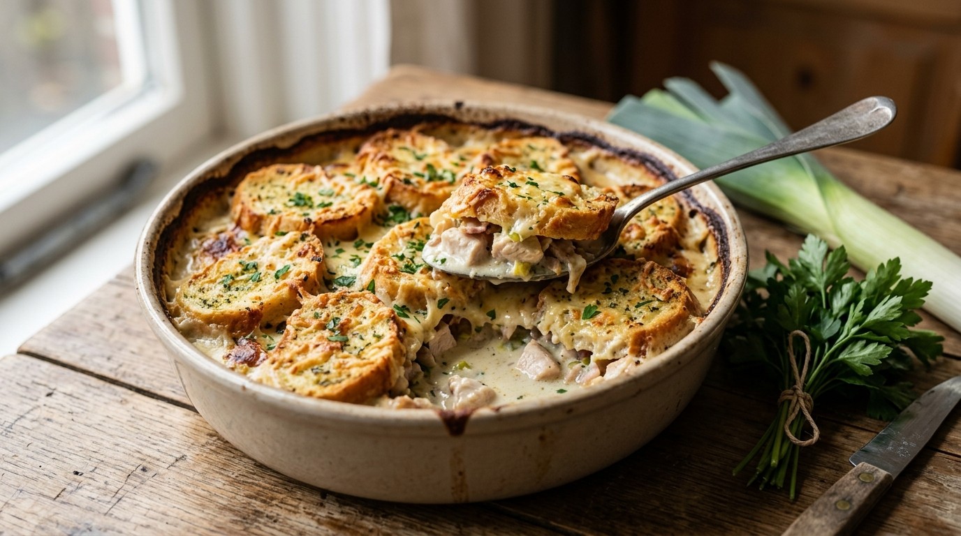 Romige kipgratin met een deksel van stokbrood en kruidenboter