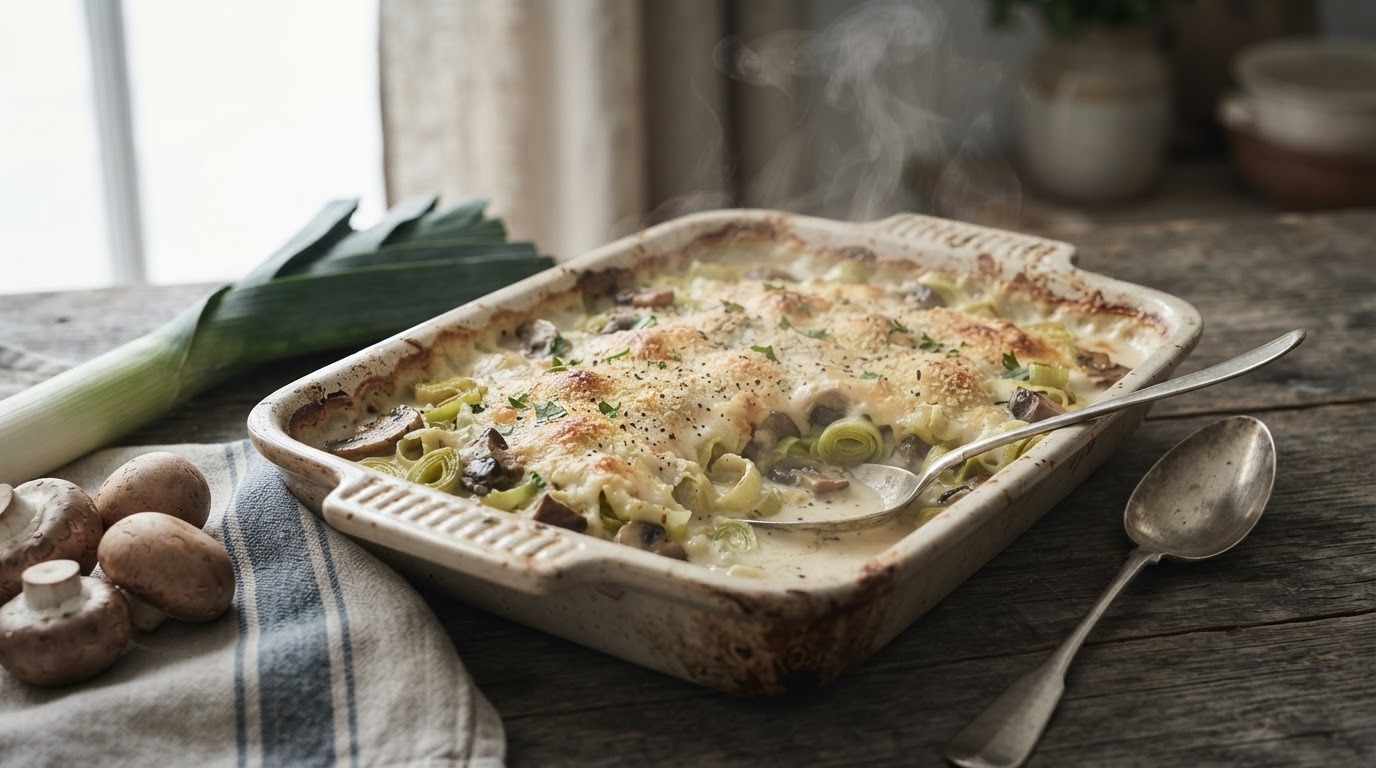 Romige prei-champignon schotel