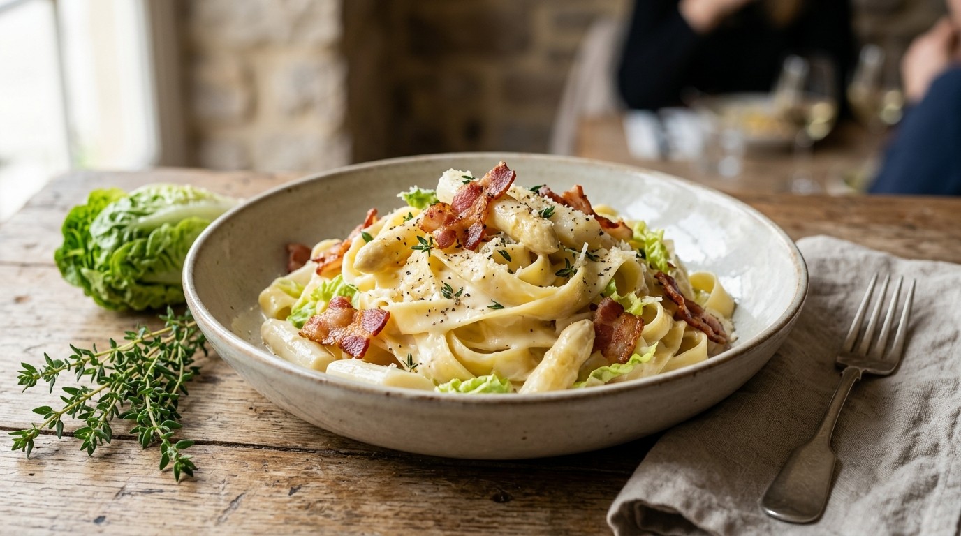 Romige tagliatelle met spekjes en witte asperges