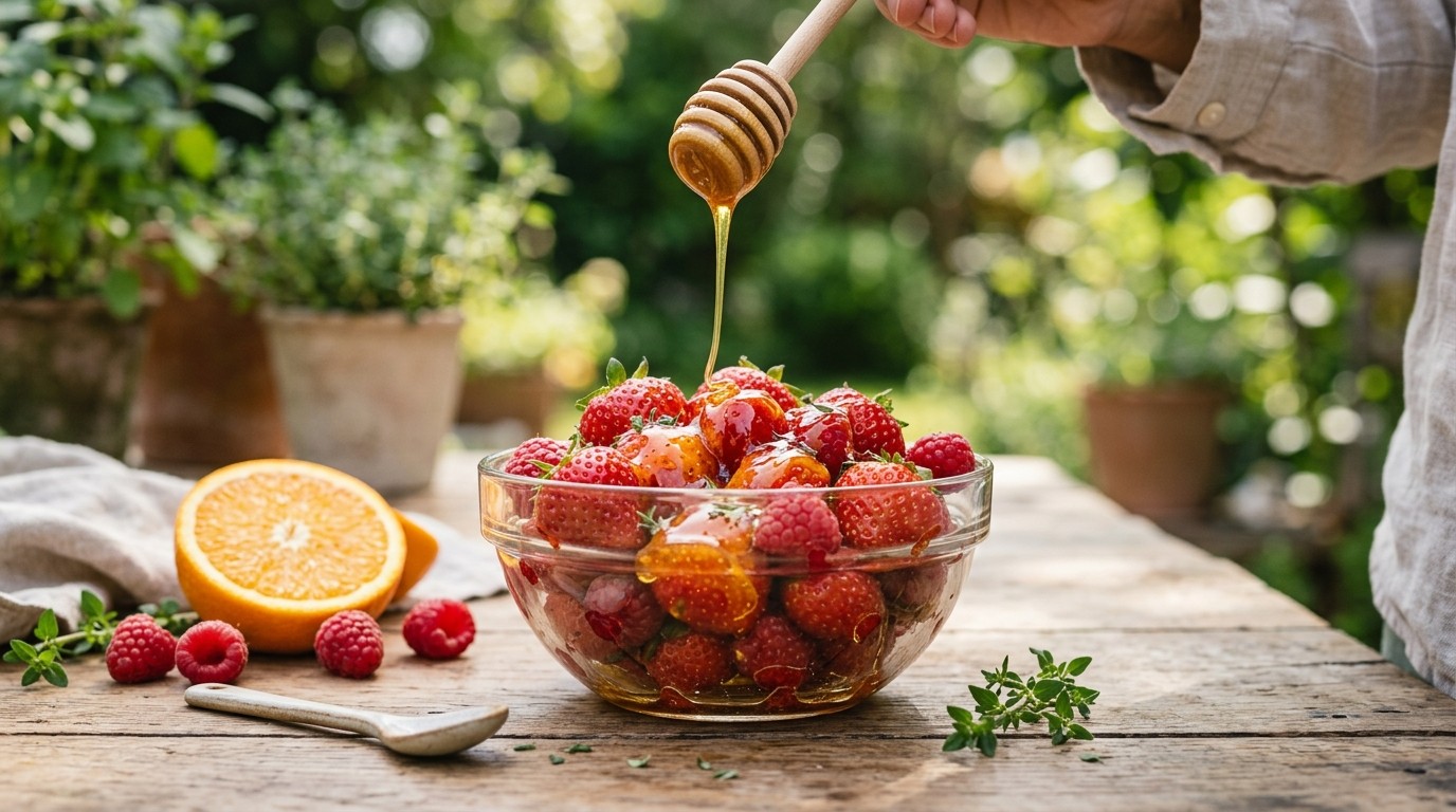 Rood fruit met honing