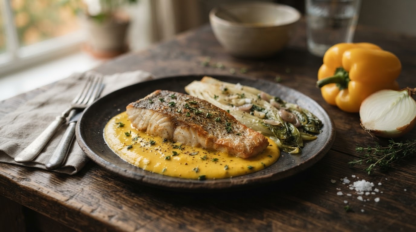 Roodbaarsfilet met gele paprikasaus