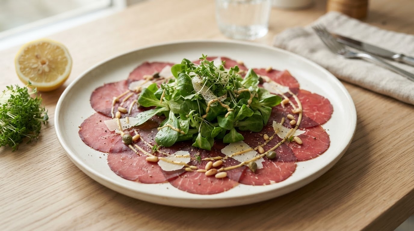 Rookvleescarpaccio met veldsla en tuinkers