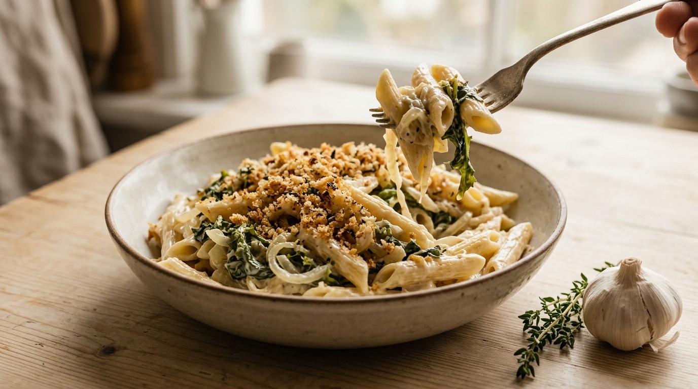 Roomandijvie met Knoflookkruim en Penne