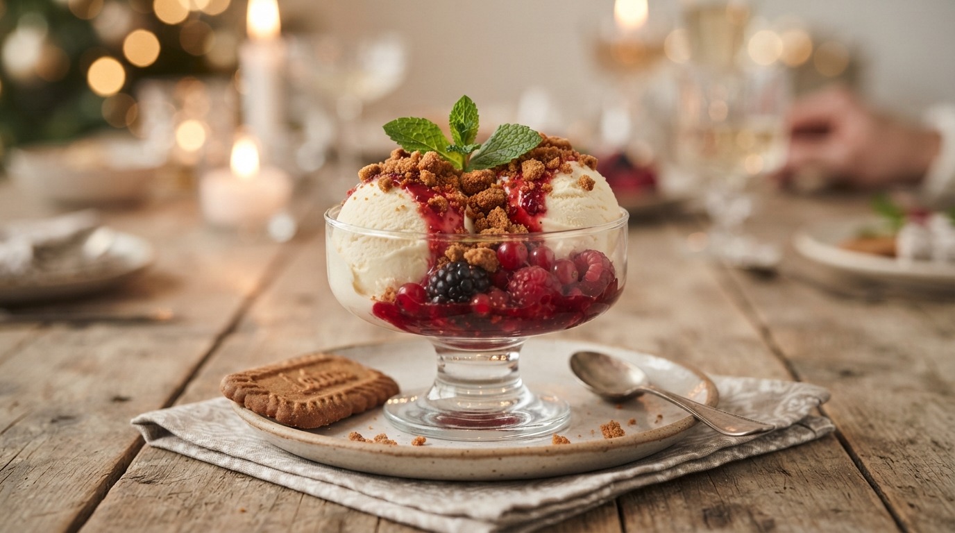 Roomijs met bastogne en rood fruit saus