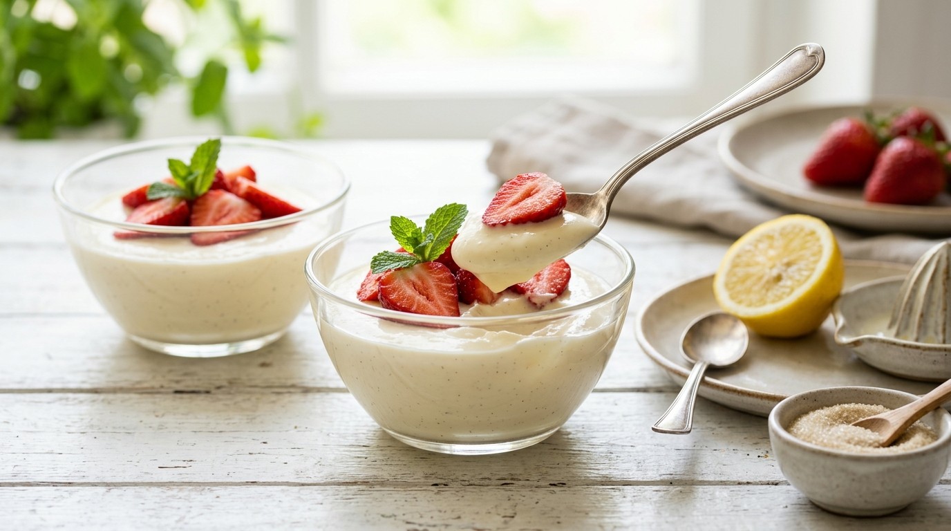 Roomkwarkpudding met aardbeien