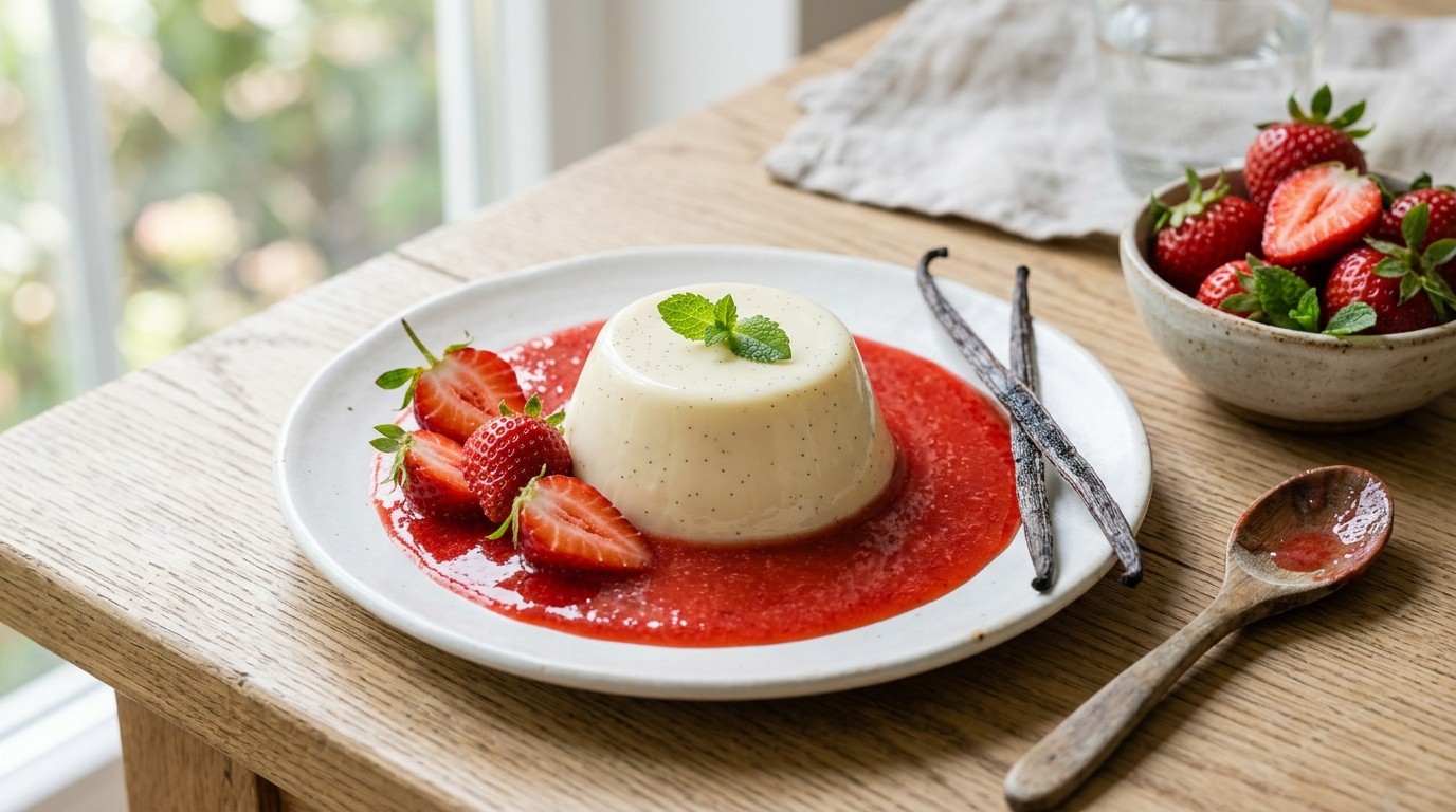 Roompudding met aardbeiensaus