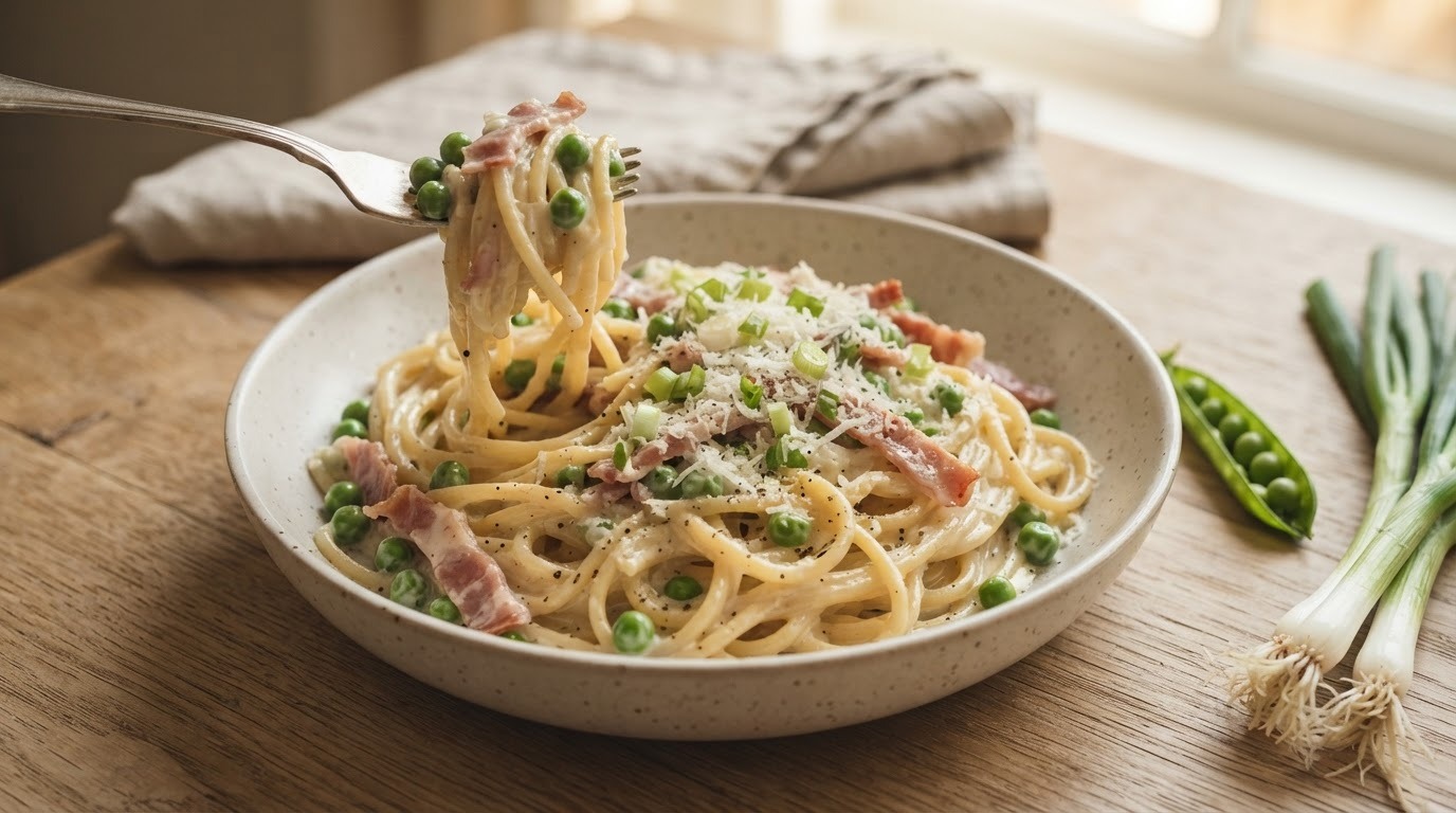 Roomspaghetti met doperwten