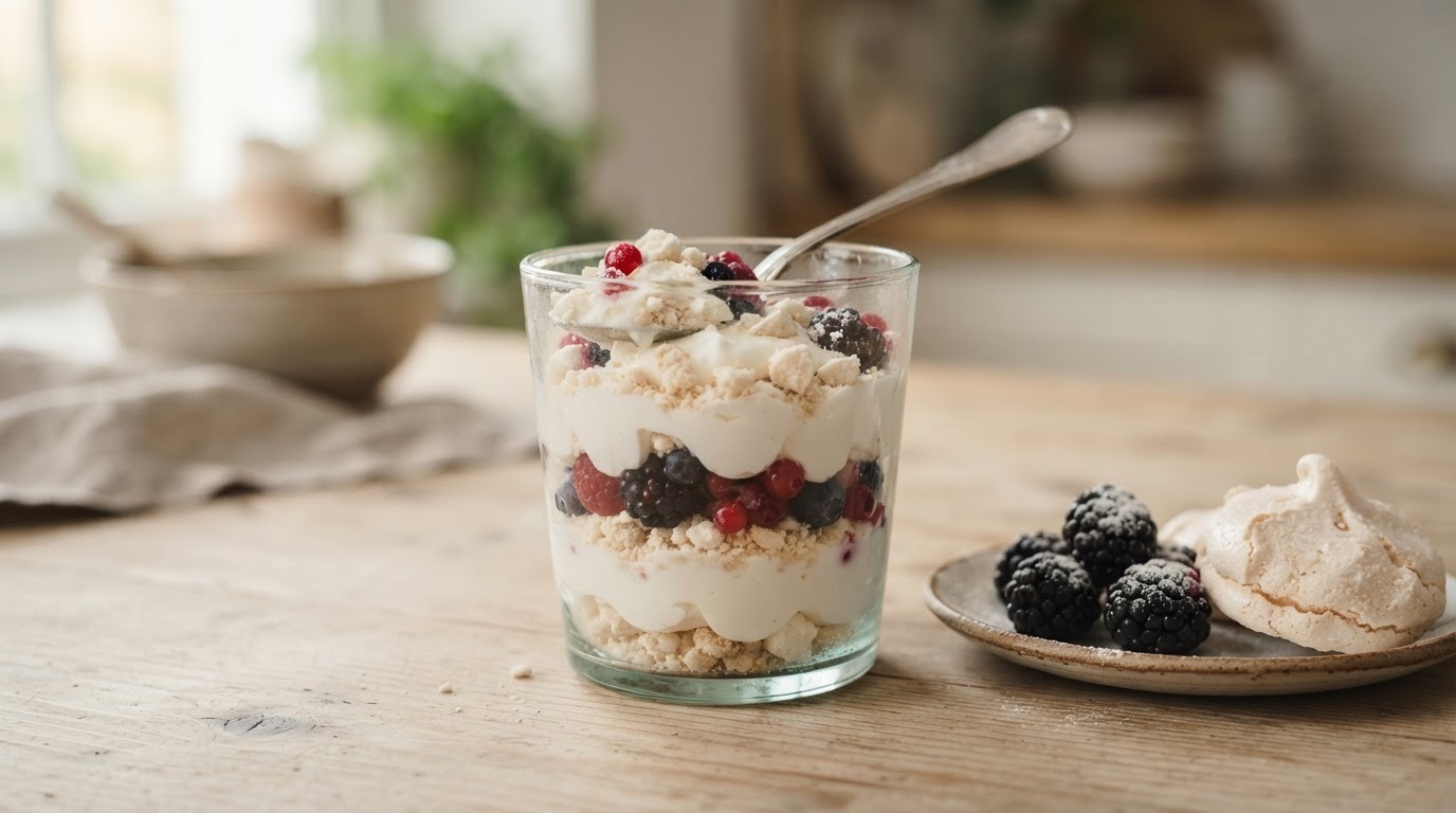 Roomyoghurt met schuimkoekjeskruimels