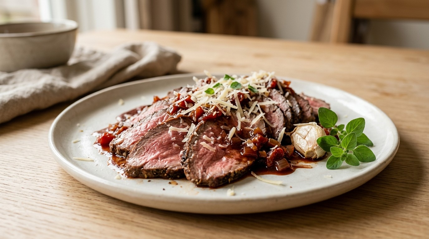 Rosbief met tomatensaus, gembersiroop en geraspte belegen kaas