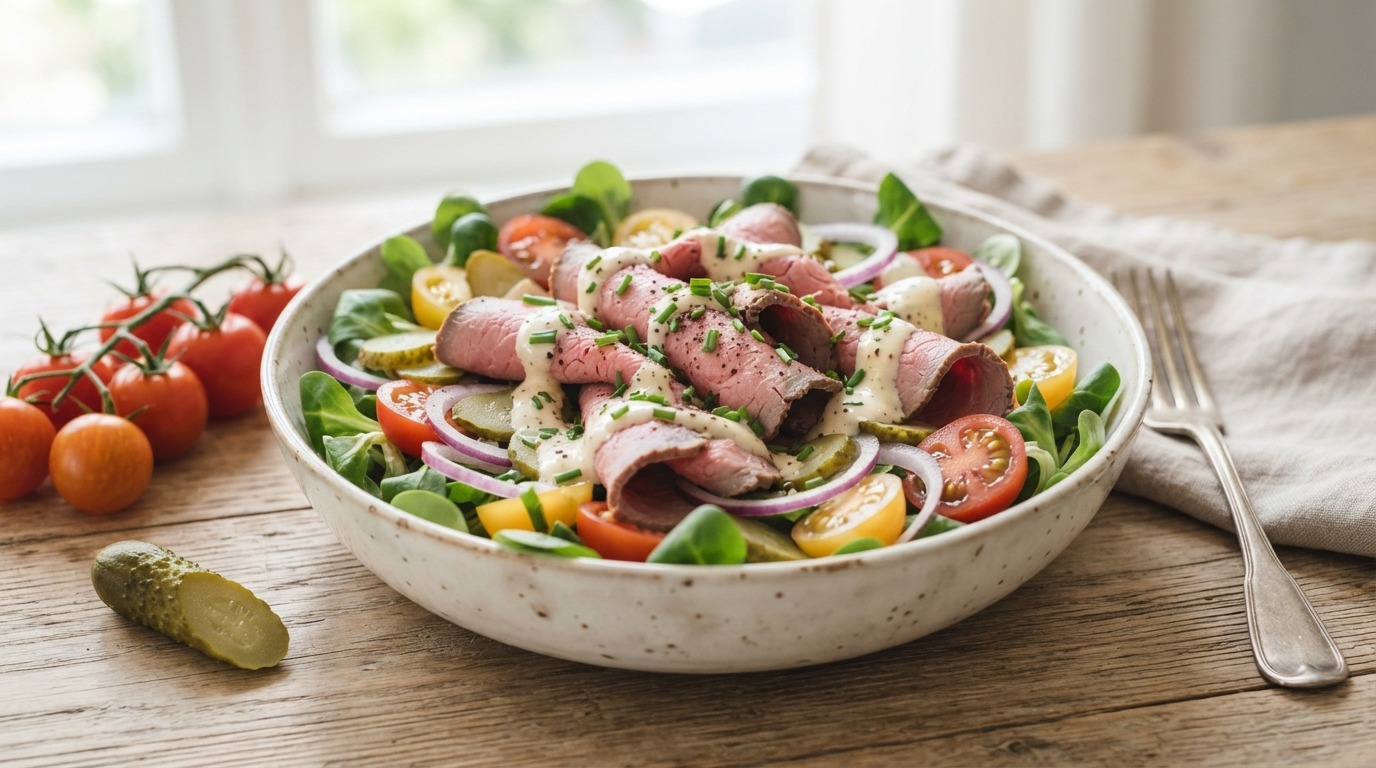 Rosbiefsalade met trostomaatjes, rode ui en augurken