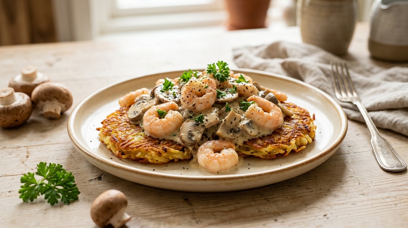 Rösti met romige garnalen en paddestoelen