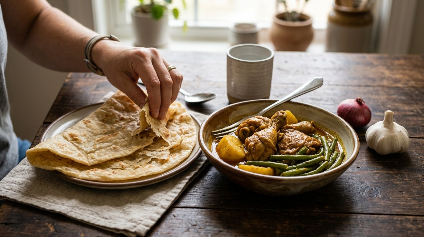 Roti met kip-aardappel-kousebandvulling