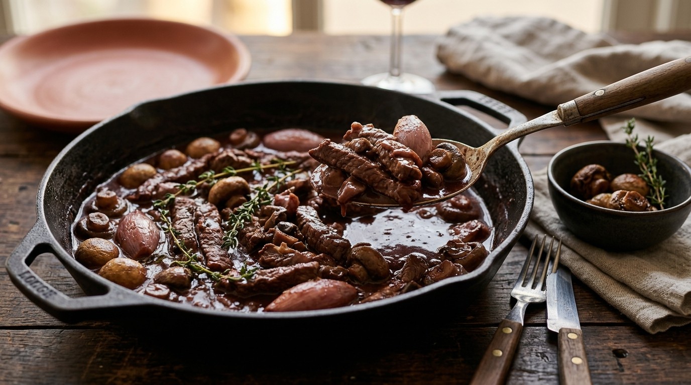 Runderreepjes met champignons in rode wijnsaus