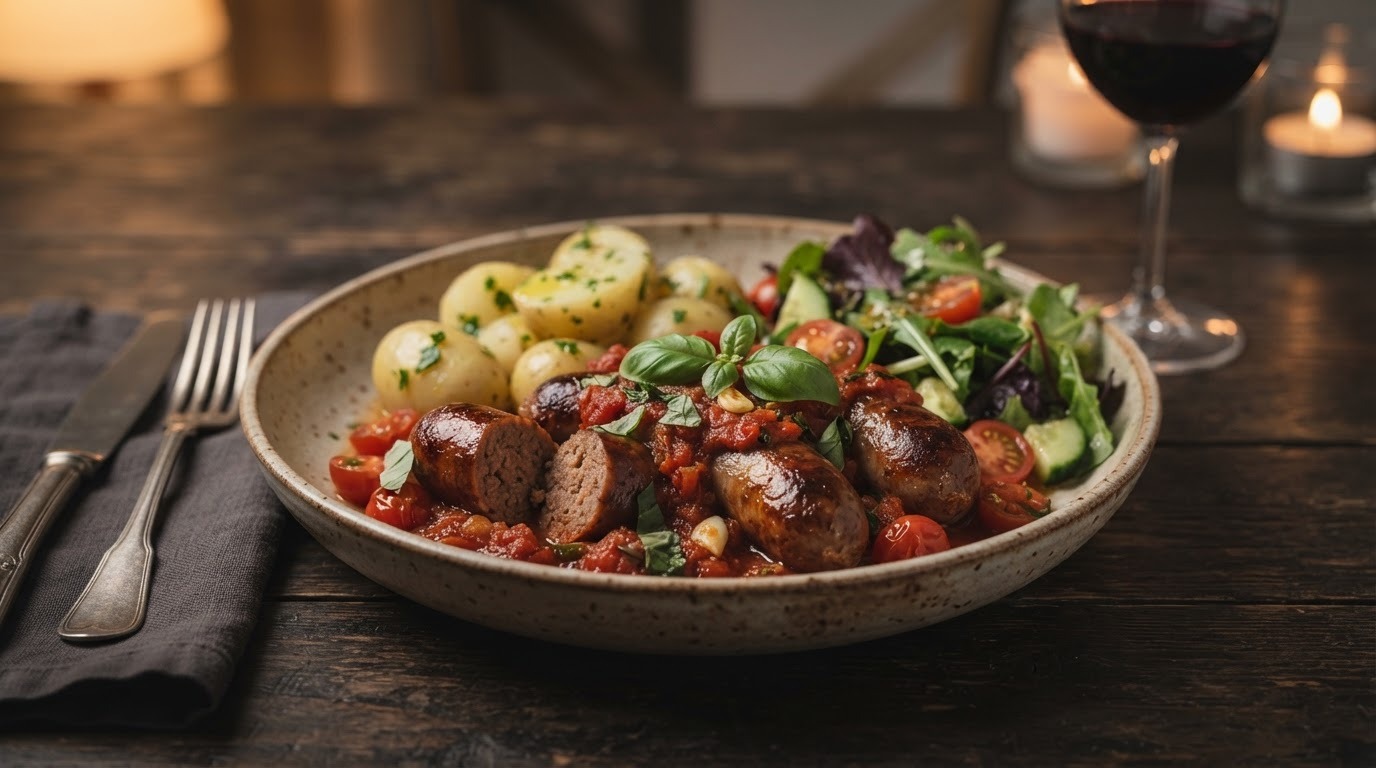Rundersaucijzen met tomaten-basilicumsaus