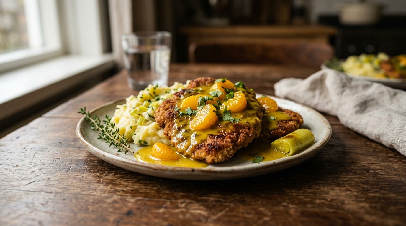 Runderschnitzel met kerrie-mandarijnensaus