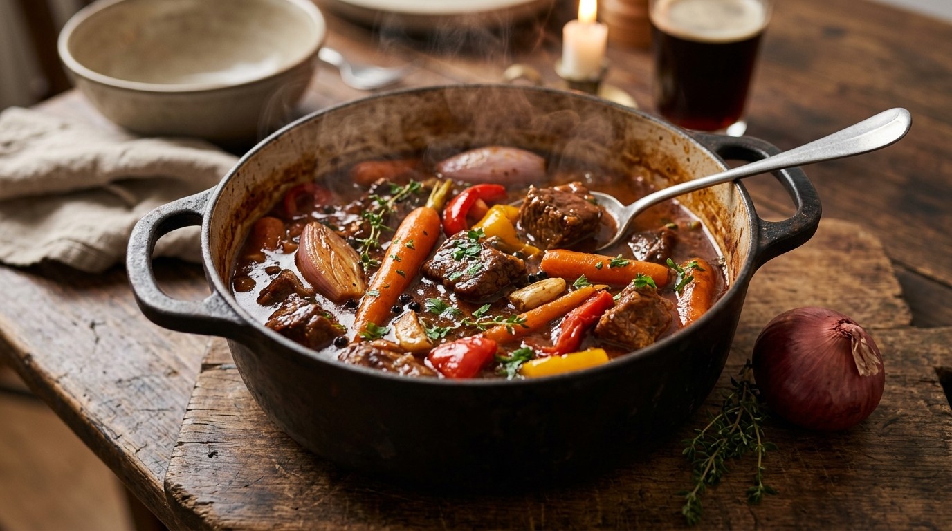 Runderstoofpotje met paprika, wortel en knoflook