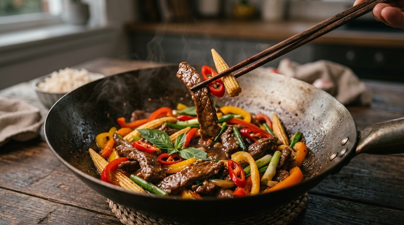 Rundvlees met Chilipepers, Paprika en Maïskolfjes