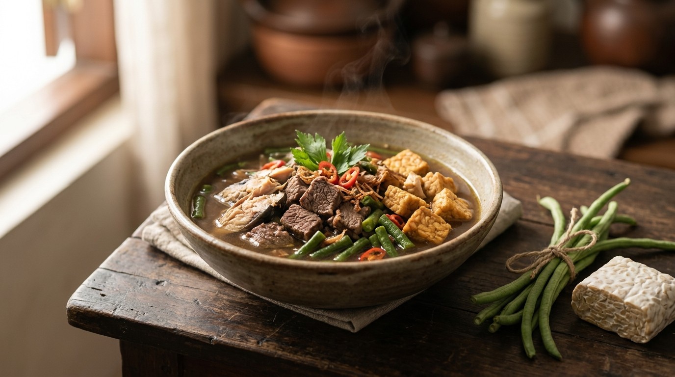Sajoer Ikan mas (bouillon met Groenten Rundvlees en vis)