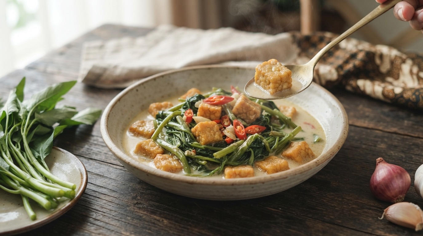 Sajoer kangkung (spinazie en tempeh in kokossaus)