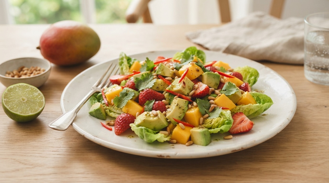 Salade met avocado, mango en aardbeien