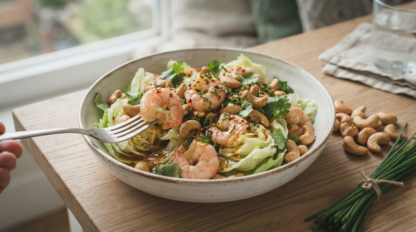 Salade met cashewnoten, garnalen en pikante dressing