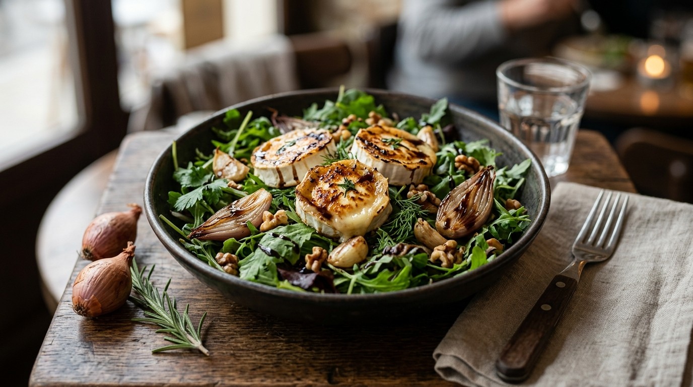 Salade met gegrilde geitenkaas en knoflook