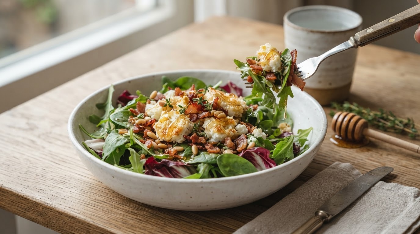 Salade met geitenkaas, spek en honing