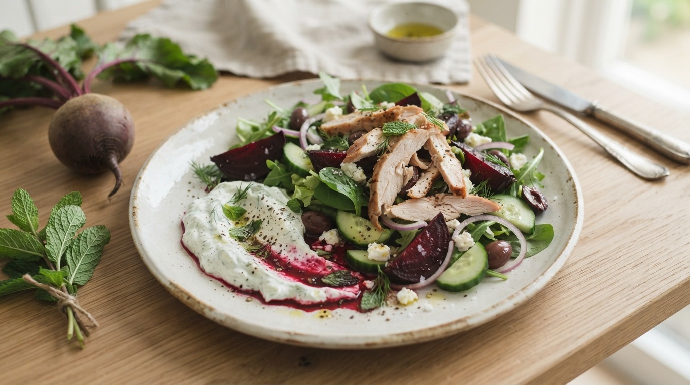 Salade met gerookte kip,bietjes en tzatziki