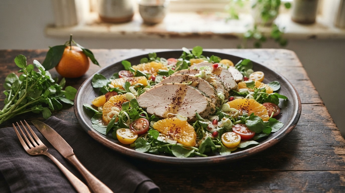Salade met kalkoen, sinaasappel en waterkers
