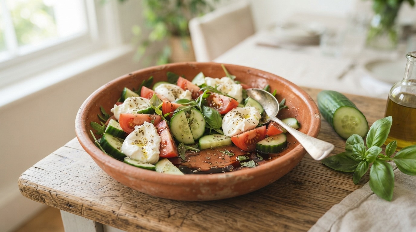 Salade met tomaat, komkommer en mozzarella
