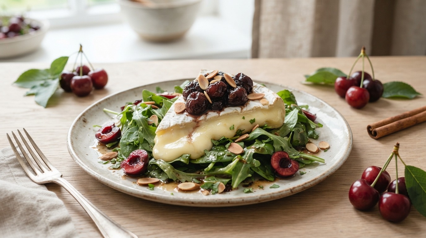 Salade met warme brie, kersen en kaneeldressing