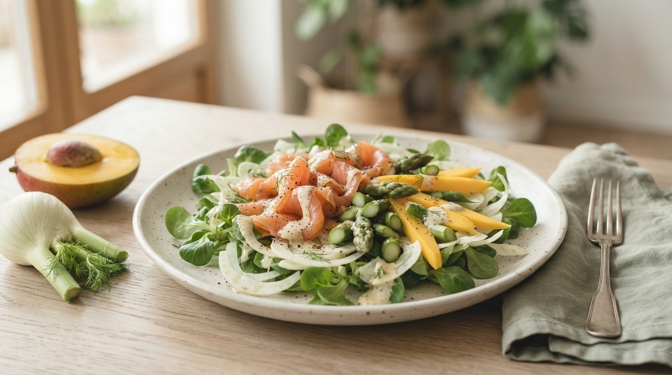 Salade met zalm, mango en asperges