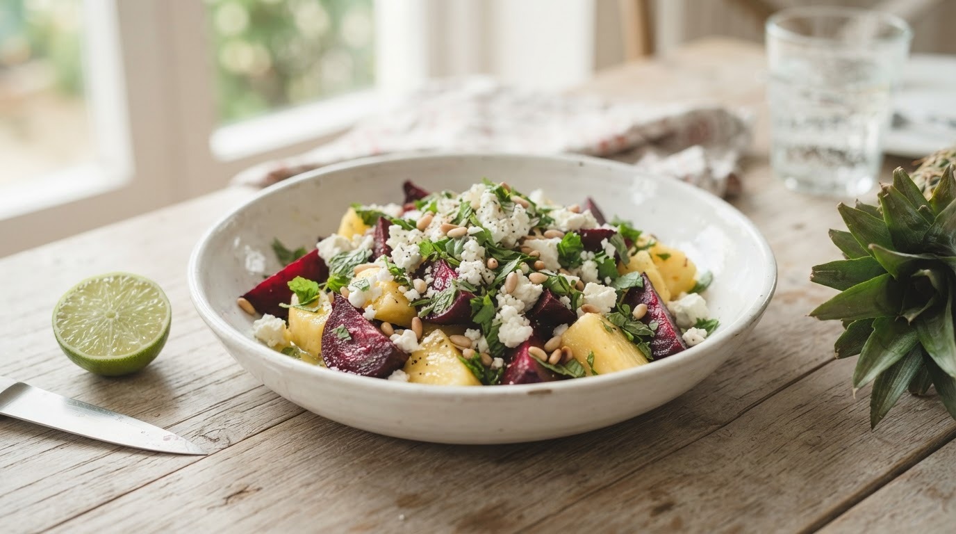 Salade van ananas en rode biet met feta