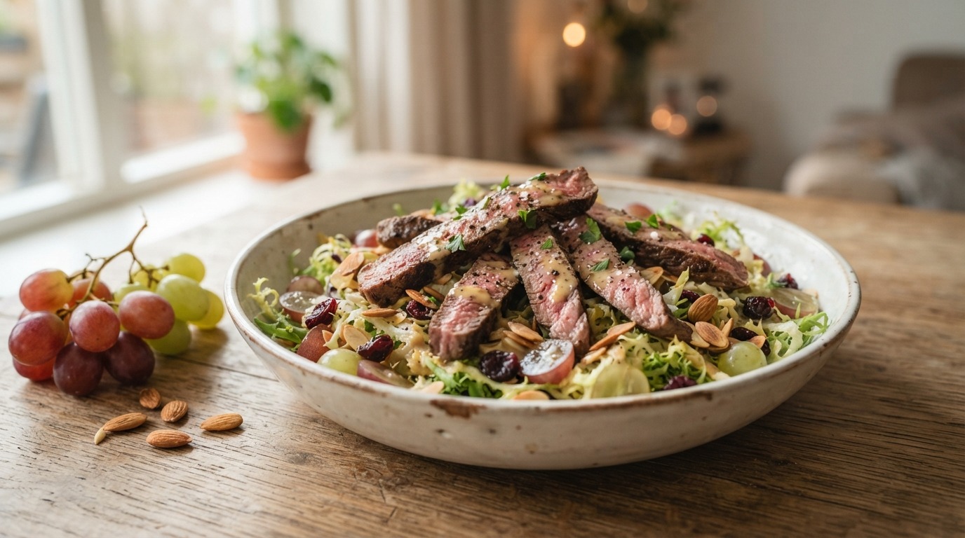Salade van andijvie, druiven en biefstuk