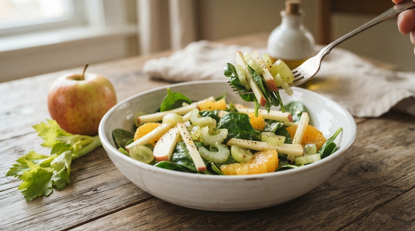Salade van appel, spinazie en bleekselderij