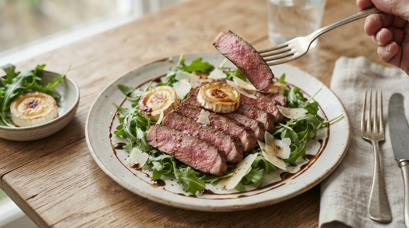 Salade van gebakken rib-eye met geitenkaas