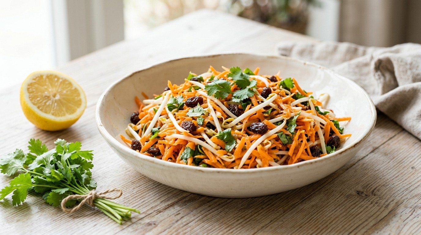 Salade van Geraspte Wortels, Taugé en Rozijnen